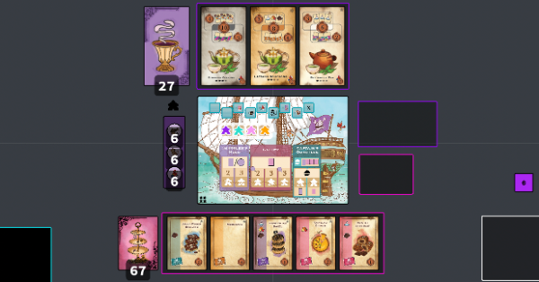 A central player board with the illustration of a ship with a market of tea cards above it and a market of dish cards below it